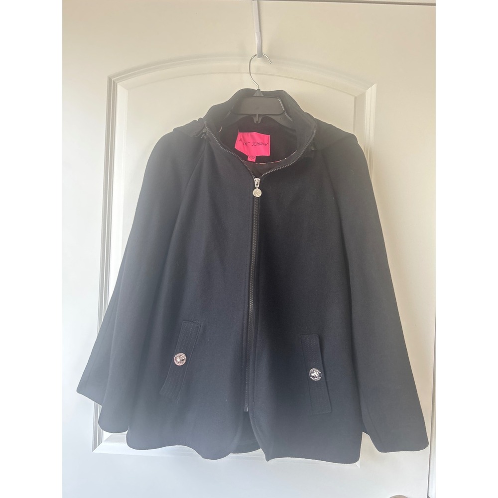 Betsey Johnson Black Wool Blend Hooded Swing Coat Wide Bell Sleeve Large